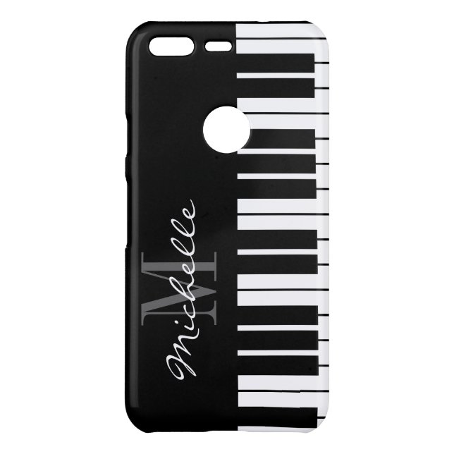 Black and white piano keys monogram uncommon google pixel case (Back)