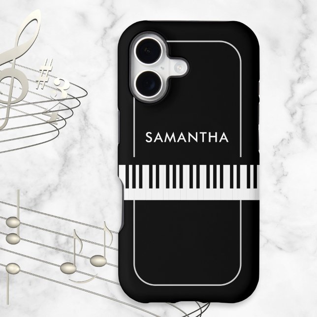 Black and White Piano Keys Musician's Personalized iPhone Case (A black and white phone case with piano keys design and personalized name)