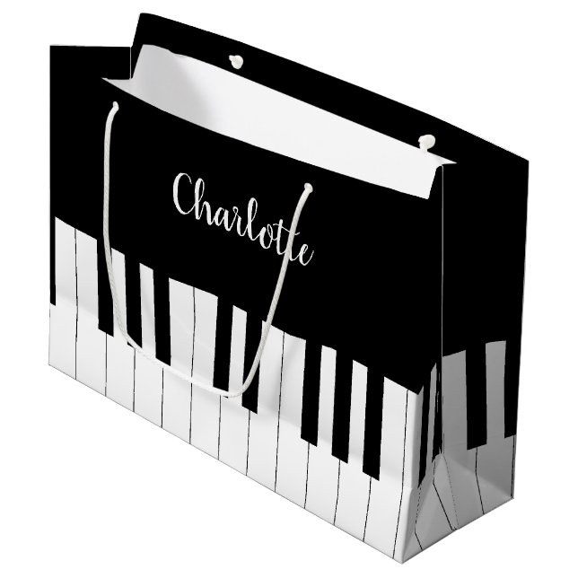 Black and White Piano Keys With Customazed Name Large Gift Bag (Front Angled)