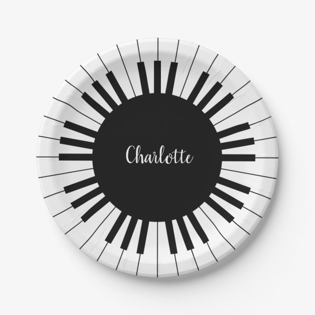 Black and White Piano Keys With Customazed Name Paper Plates (Front)