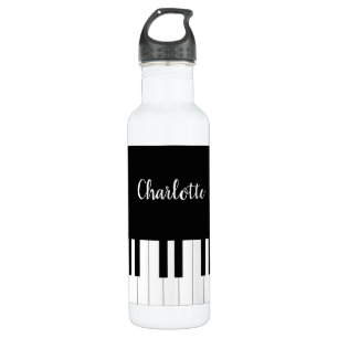 Black and White Piano Keys With Customazed Name Stainless Steel Water Bottle
