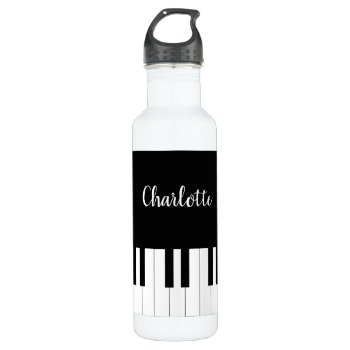 Black And White Piano Keys With Customazed Name Stainless Steel Water Bottle by AZ_DESIGN at Zazzle