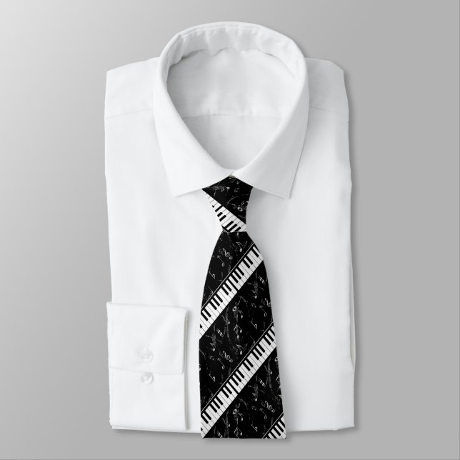Black and White Piano Music Pattern Tie (Tied)