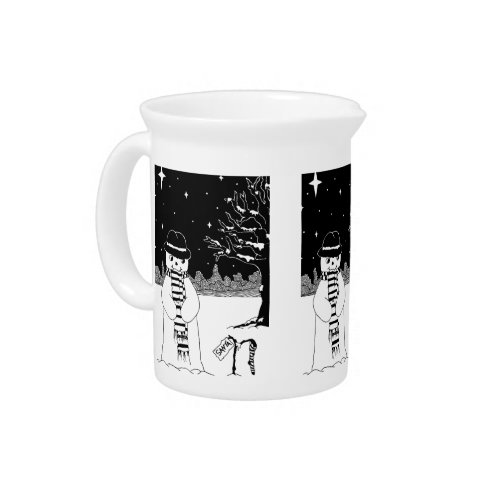 black and white picture of cute snowman Christmas Beverage Pitcher