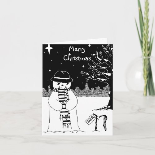 black and white picture of cute snowman holiday card