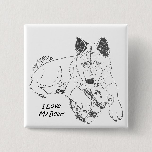 black and white picture of very cute akita dog button (Front)