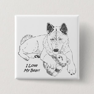 black and white picture of very cute akita dog button