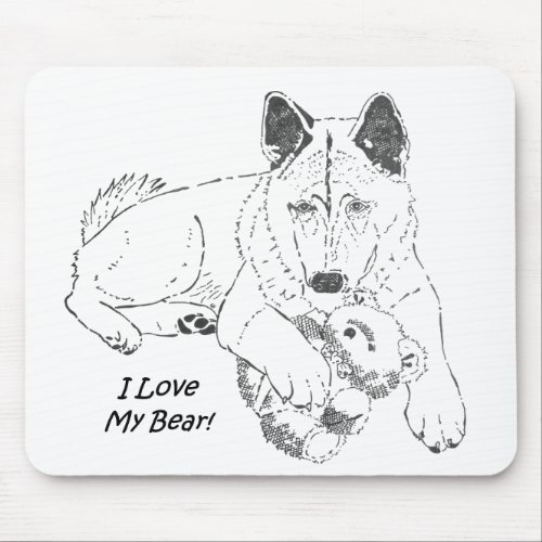 black and white picture of very cute akita dog mouse pad