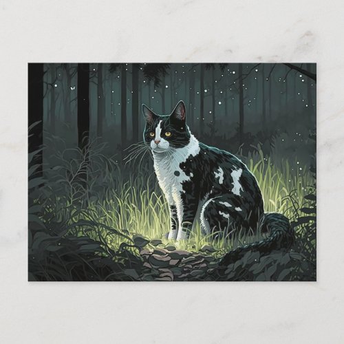 Black and White Piebald Cat in the Forest Postcard