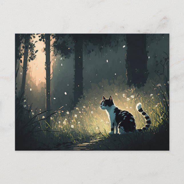 Black and White Piebald Cat in the Forest Postcard (Front)