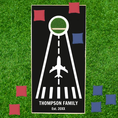 Black and White Pilot Family Monogram Airplane Cornhole Set