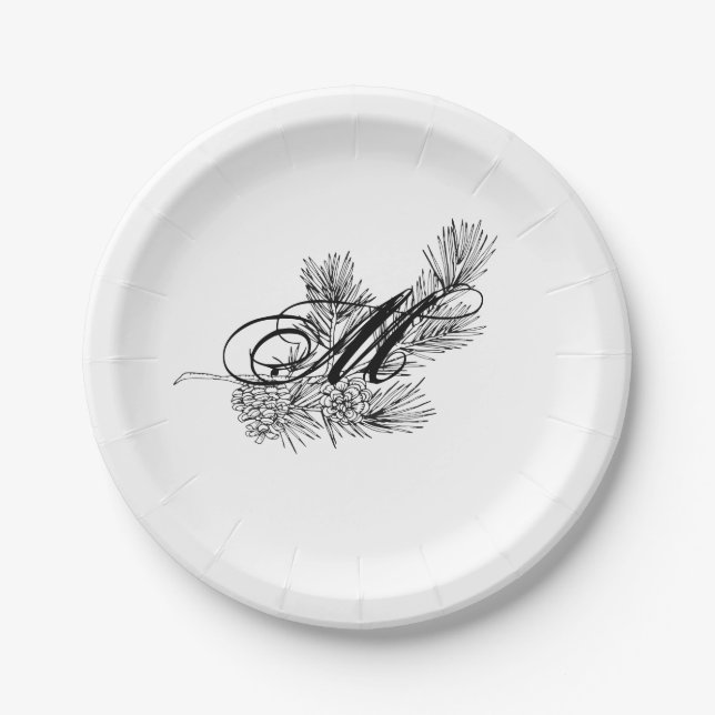 Black and white pine branch pine cones monogram paper plates (Front)