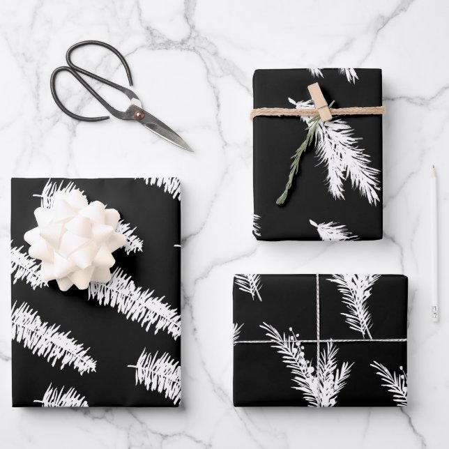Black And White Pine Spruce Branches Wrapping Paper Sheets (Front)