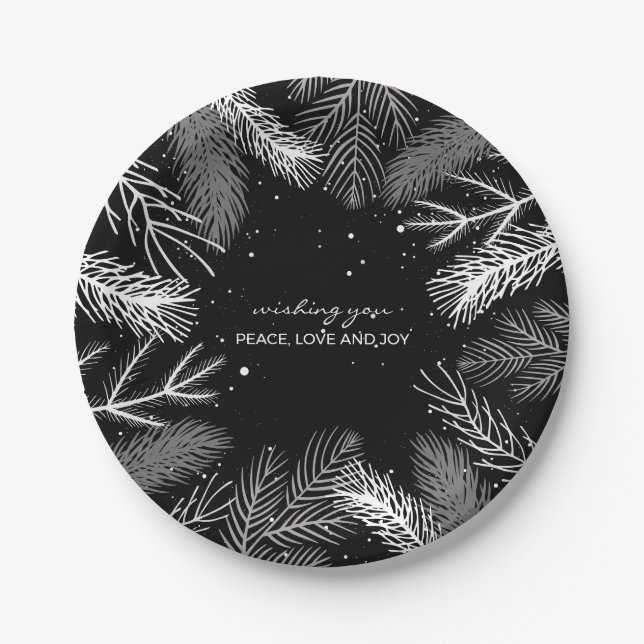 Black and white pine tree leaves with snow paper plates (Front)