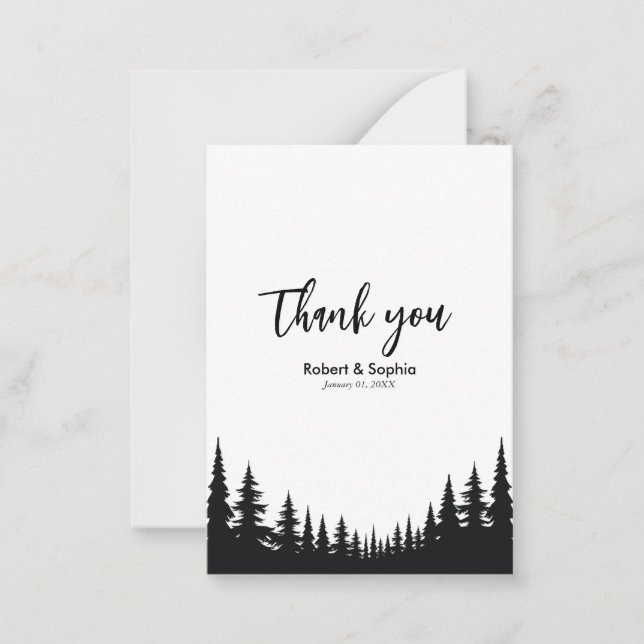Black and White Pine tree Winter Wedding Thank you Note Card (Front)
