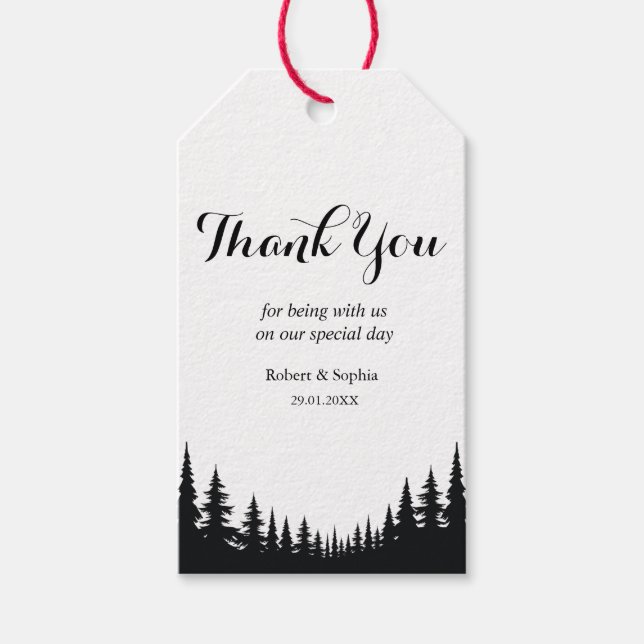 Black and White Pine trees Winter Wedding Gift Tags (Front)