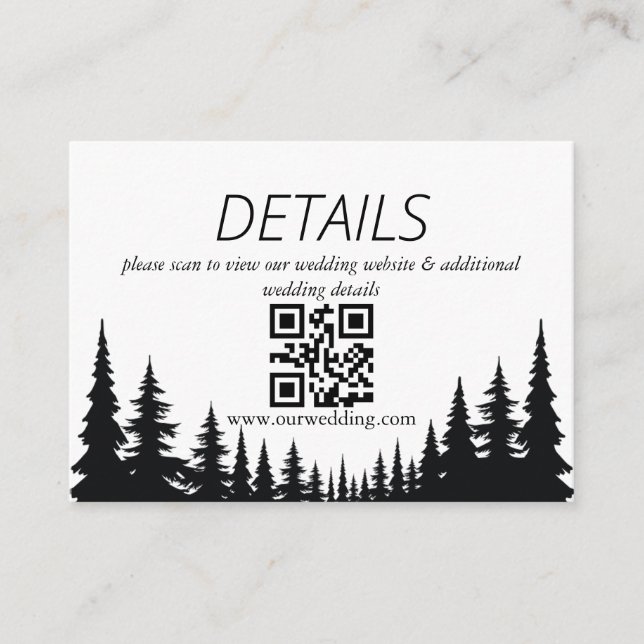 Black and White Pine trees Winter Wedding QR Code Enclosure Card (Front)