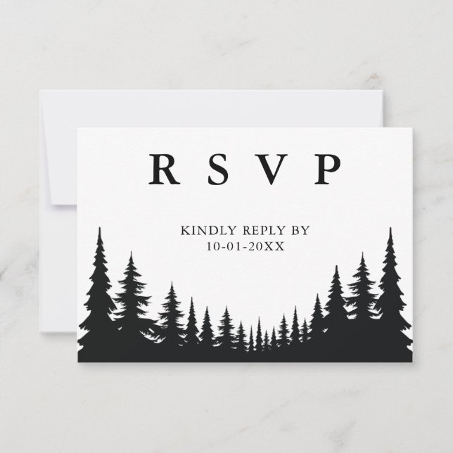 Black and White Pine trees Winter Wedding RSVP Card (Front)