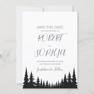 Black and White Pine trees Winter Wedding Save The Date
