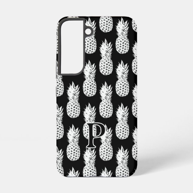 Black and white pineapple pattern custom monogram samsung galaxy case (Back)