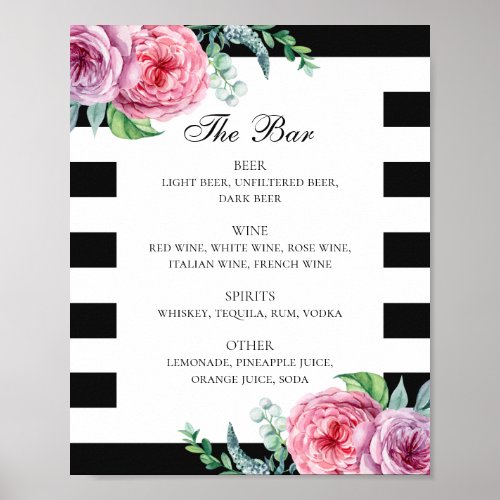 Black and white pink boho floral wedding drinks poster