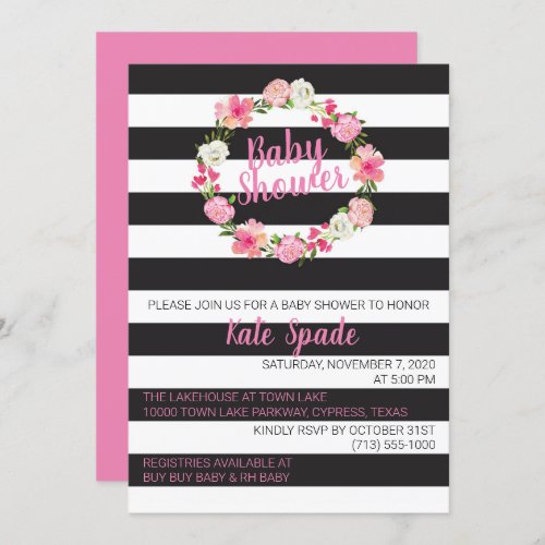 Black and White Pink Floral Baby Shower Invitation