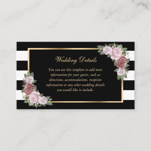 Black and White Pink Floral Wedding Details Card