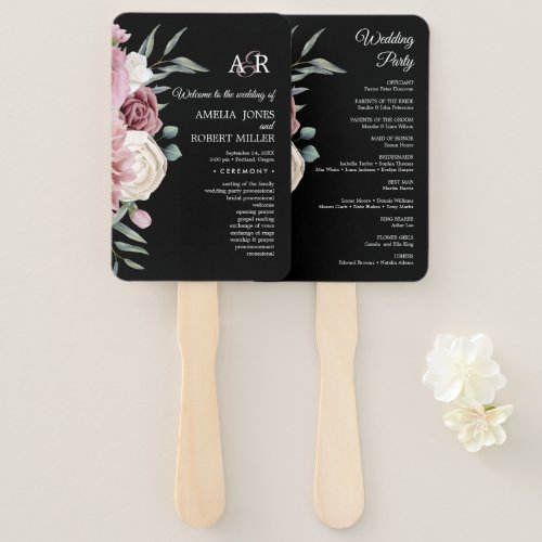 Black and White Pink Floral Wedding Program  Hand Fan