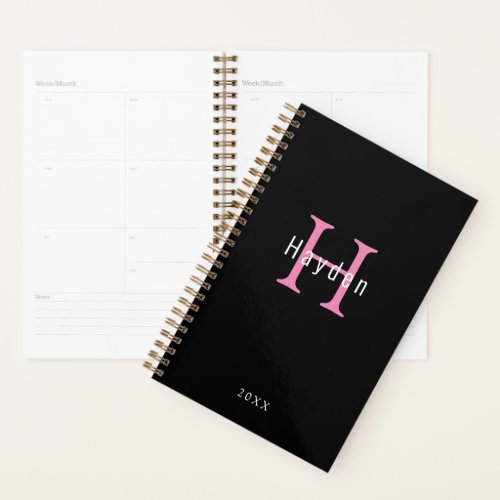 Black and White Pink Monogram Add Your Name Year Planner