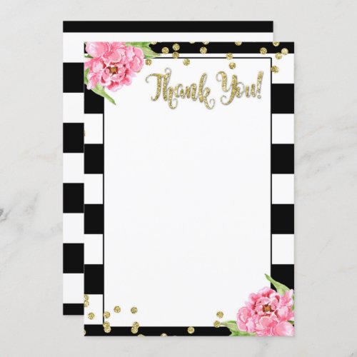 Black and White Pink Peony Thank You Card