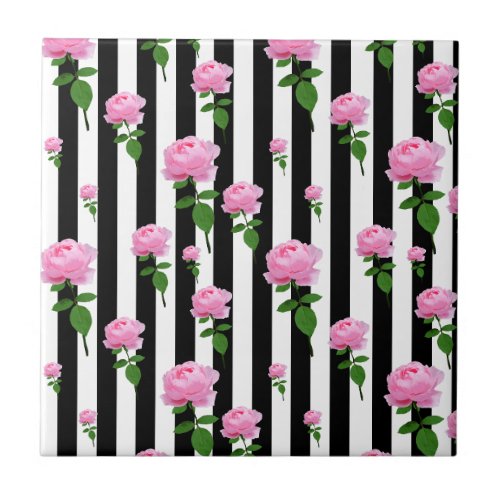 Black And White Pink Rose Flower Stripes Ceramic Tile