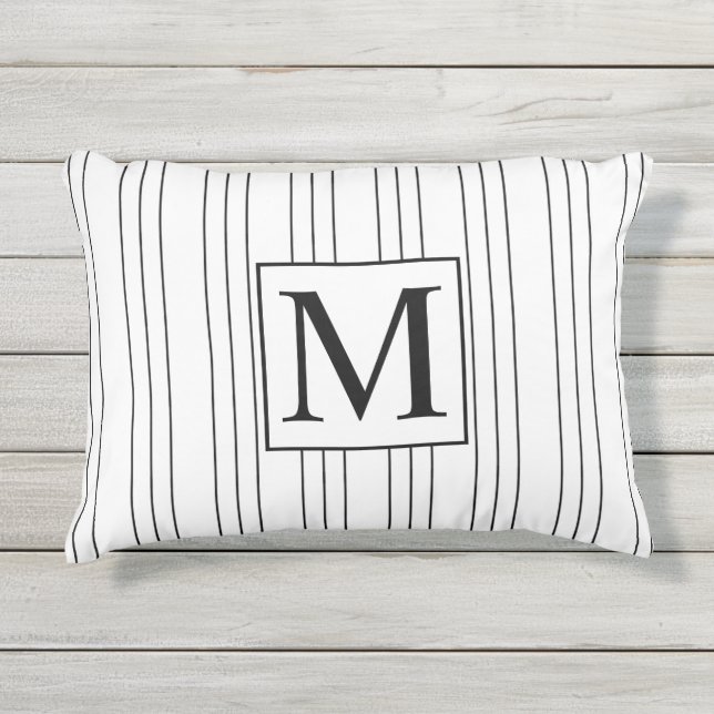 Black and White Pinstripe Monogram Outdoor Pillow (Front)