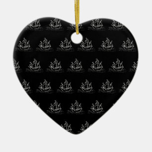 Black and White Pirate Ship Pattern. Ceramic Ornament