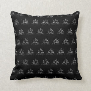 Black and White Pirate Ship Pattern. Throw Pillow