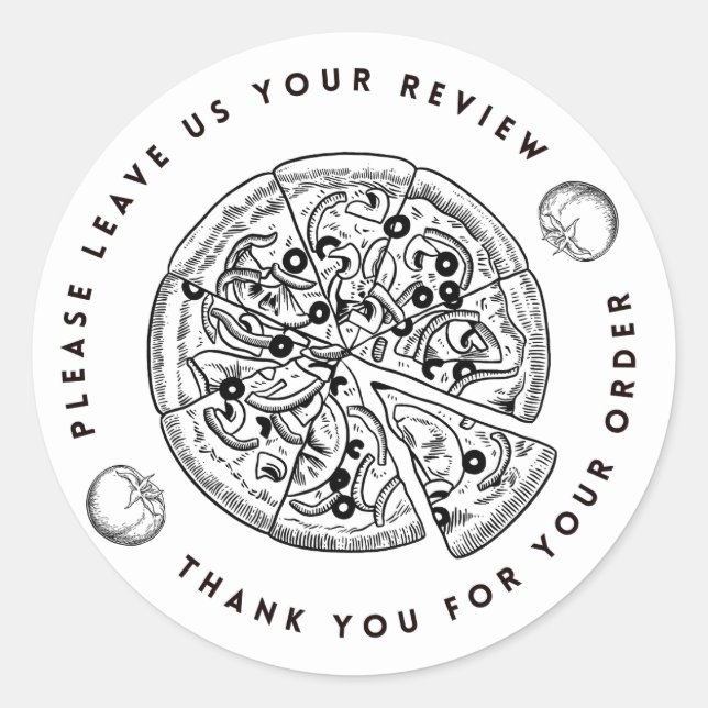 Black and White Pizza Leave Review Thank You Classic Round Sticker (Front)