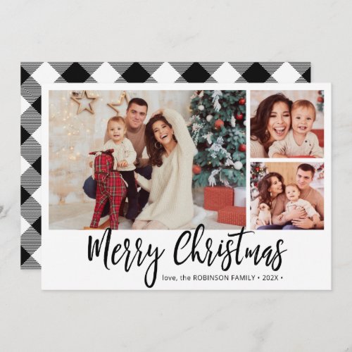 Black and White Plaid 3 Photo Collage Christmas  Holiday Card