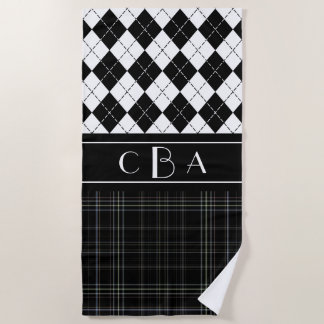 Black and White Plaid and Argyle Monogrammed Beach Towel