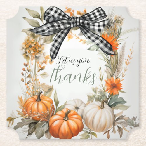 Black and White Plaid Bow Thanksgiving Paper Coaster