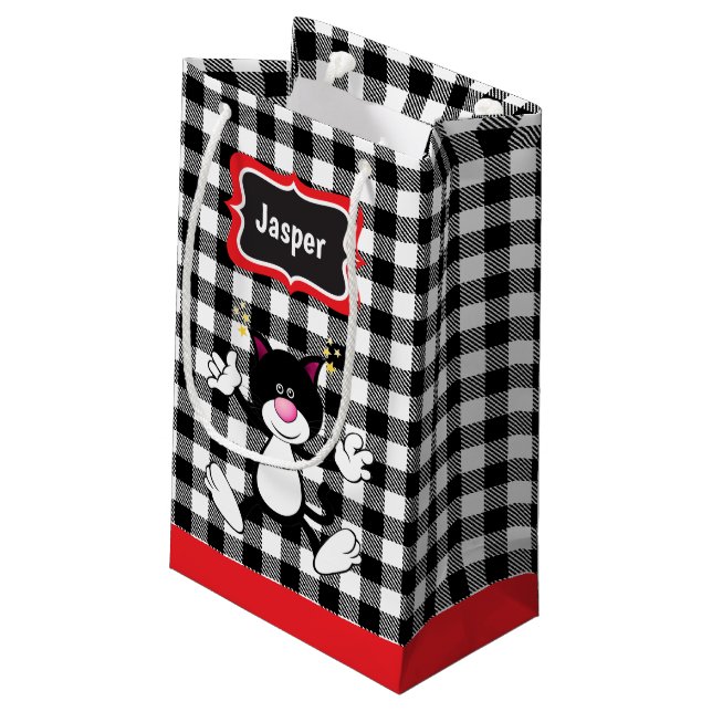 Black and White Plaid - Cat Small Gift Bag (Back Angled)