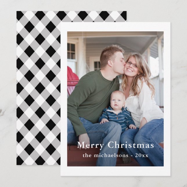 Black and White Plaid Christmas Photo Holiday Card (Front/Back)