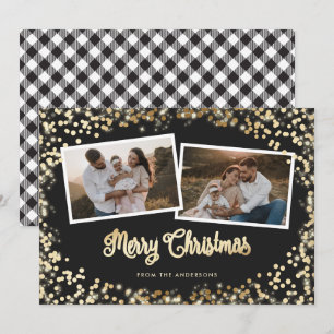 Black and White Plaid Gold Photo Merry Christmas Holiday Card