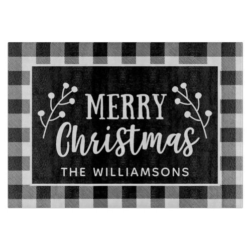 Black and White Plaid Merry Christmas Cutting Board