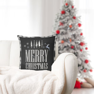 Black and White Plaid Merry Christmas Holiday Throw Pillow