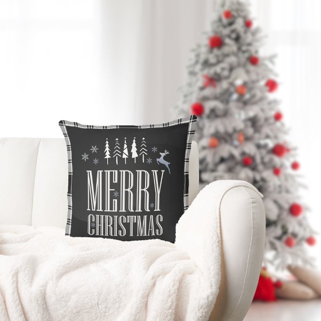 Black and White Plaid Merry Christmas Holiday Throw Pillow (Creator Uploaded)