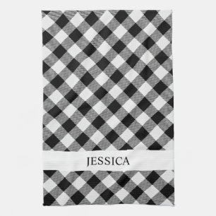 Black and white plaid monogram kitchen towel
