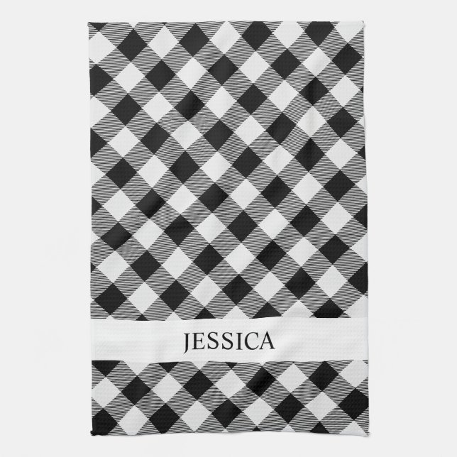 Black and white plaid monogram kitchen towel (Vertical)
