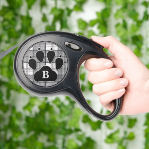 Black and White Plaid Monogrammed Paw Dog Retractable Pet Leash
