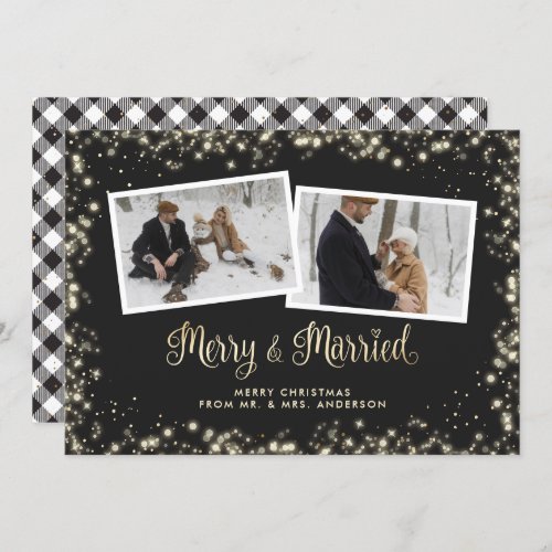 Black and White Plaid Newlywed Photo Christmas Holiday Card