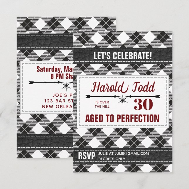 Black And White Plaid Over The Hill Invitation (Front/Back)