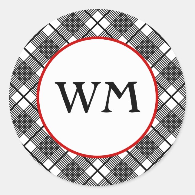 Black and White Plaid Pattern Editable Monogram Classic Round Sticker (Front)